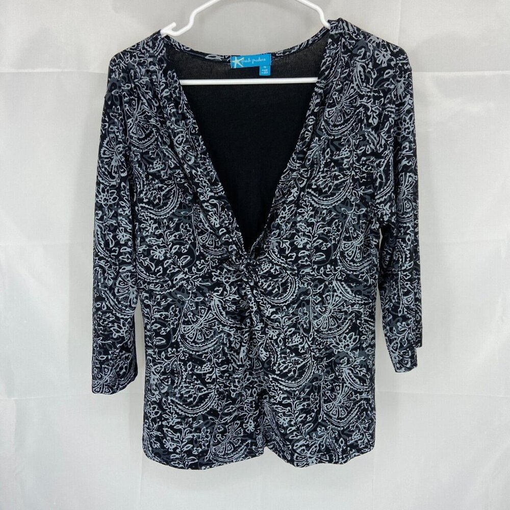Fresh Produce Women XL Floral Top Twist Bust 3/4 Sleeve Shirt V Neck Stretch USA